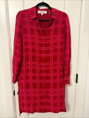 Diane Von Furstenberg Red and Hot Pink Plaid Shirt Dress